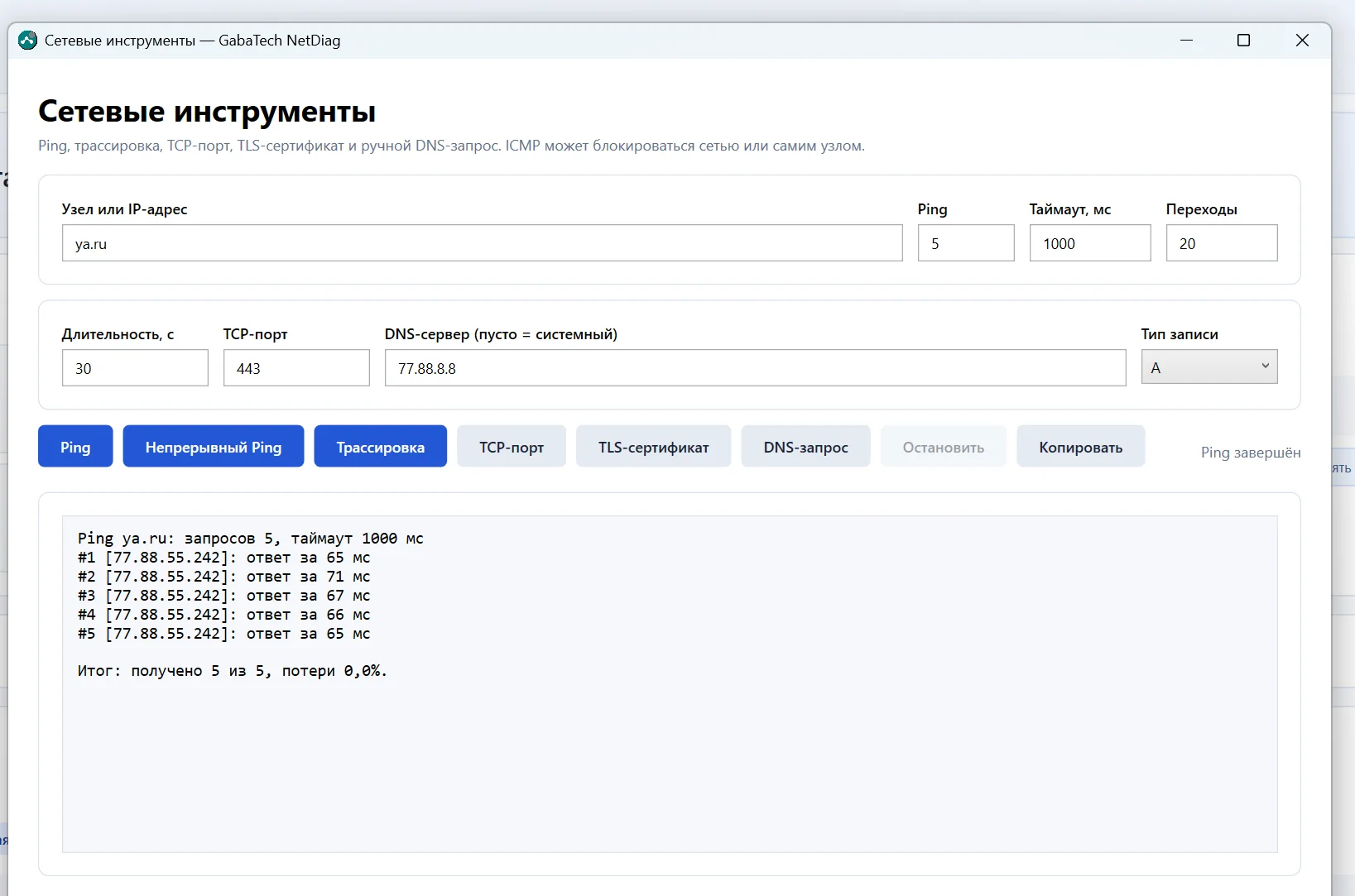 Сетевые инструменты GabaTech NetDiag с Ping, непрерывным Ping, трассировкой, TCP-портом, TLS-сертификатом и DNS-запросом