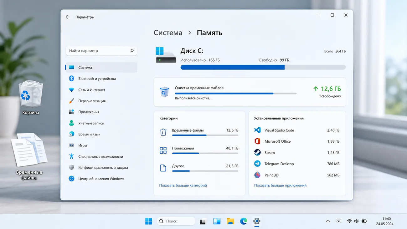 Очистка диска C в Windows 11 с удалением ненужных файлов