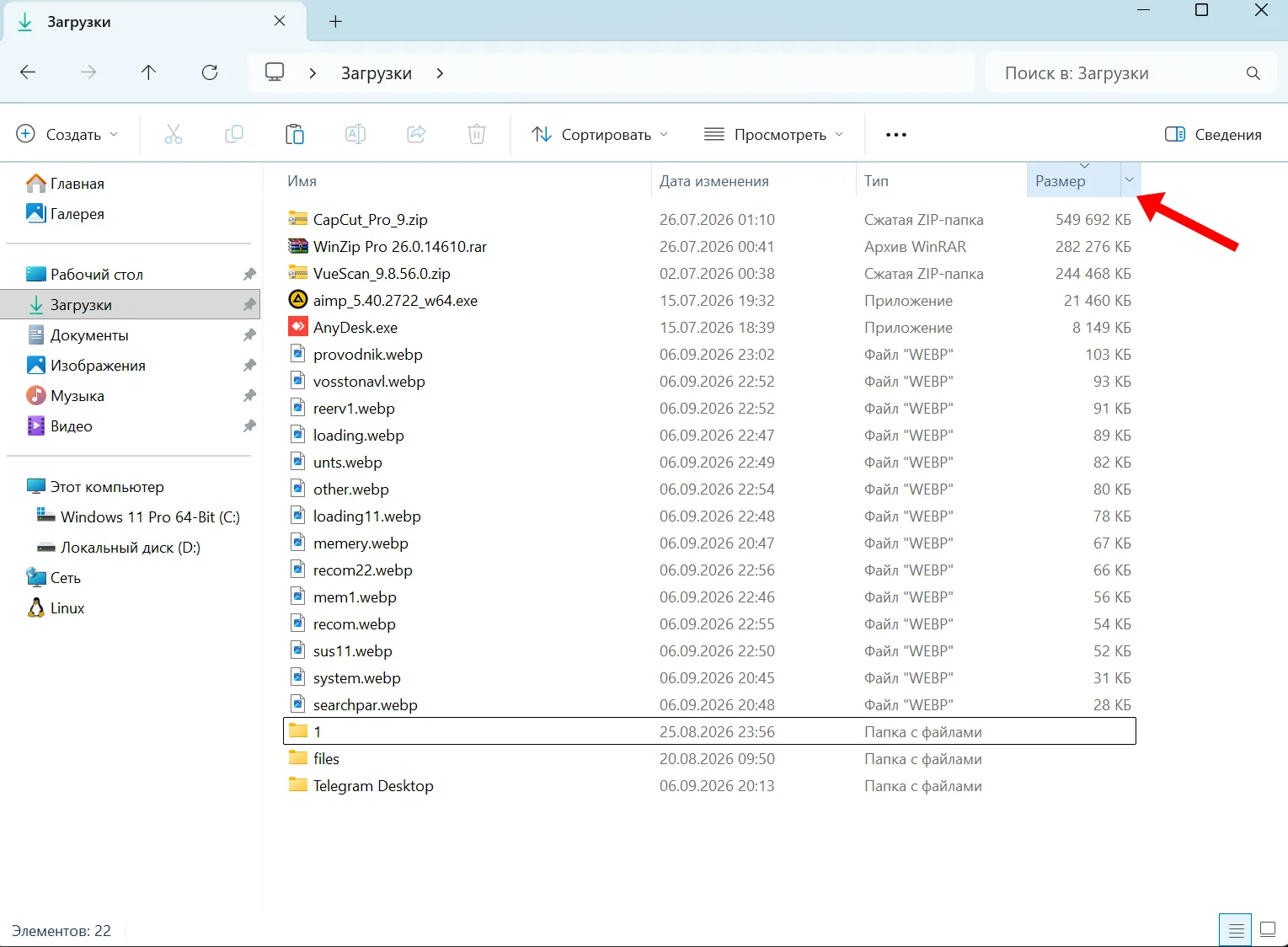 Сортировка файлов по размеру в Проводнике Windows 11