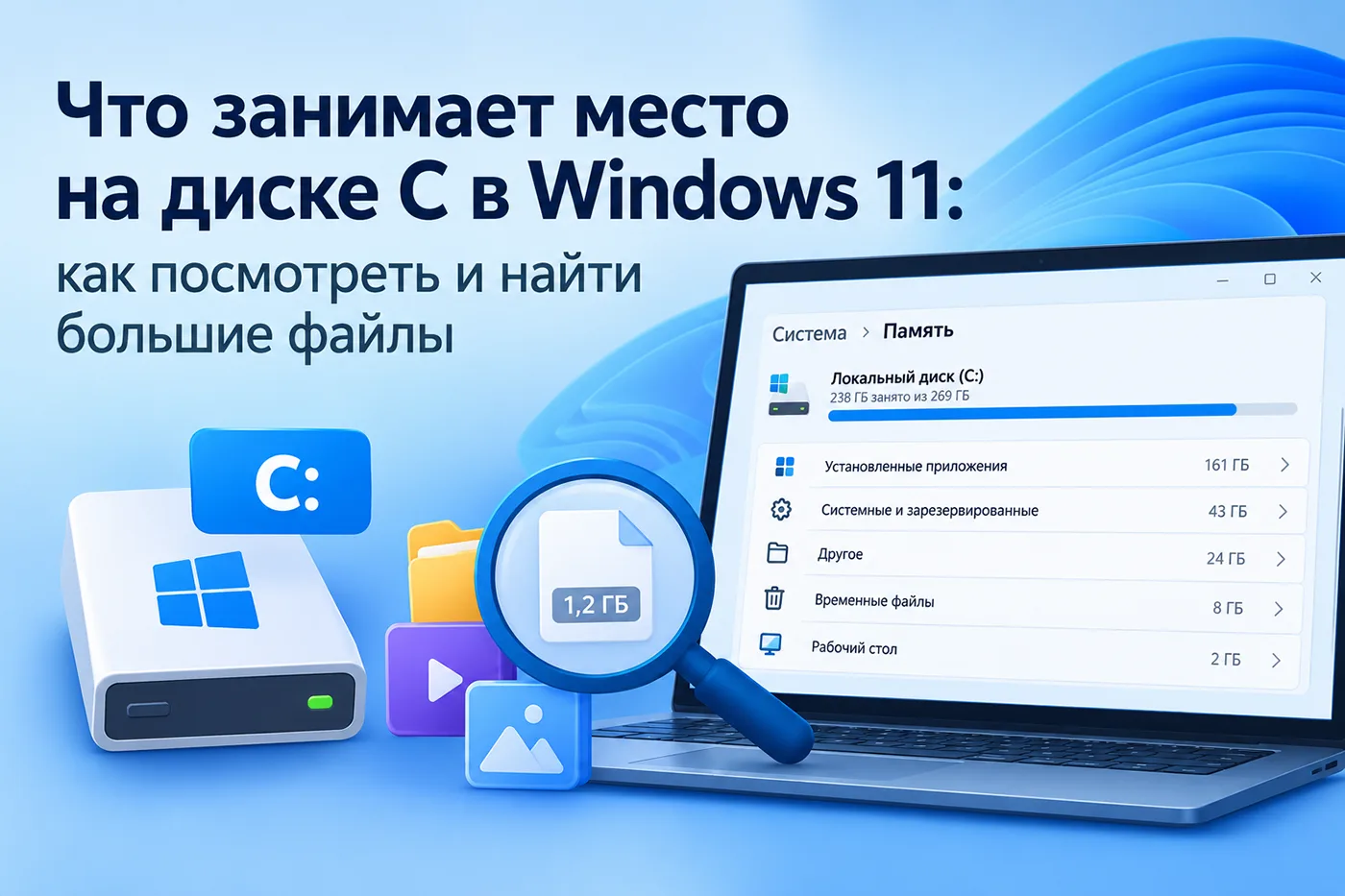 Что занимает место на диске C в Windows 11 и 10
